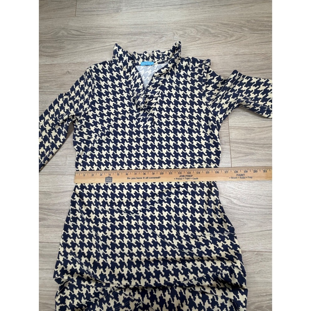 J. McLaughlin Navy Blue Cream Houndstooth Ruffle Neck A-Line Dress Womens Medium - Picture 4 of 9